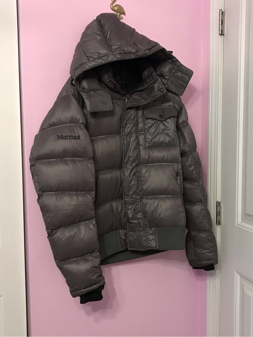 Marmot Men's Park Ave 700 fill down Gray Hooded Puffer Jacket Size Large